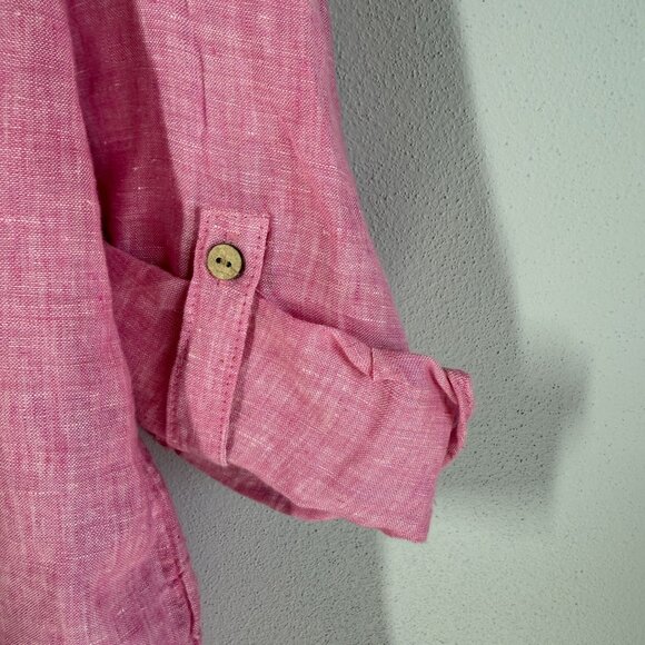 Cynthia Rowley 100% Linen Top Pink 1X Pullover Roll Tab Sleeve Coastal Lagenlook - Picture 8 of 11